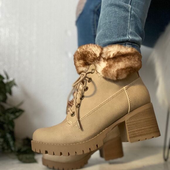 Hiking Beige Faux Suede Combat Booties - Picture 5 of 8